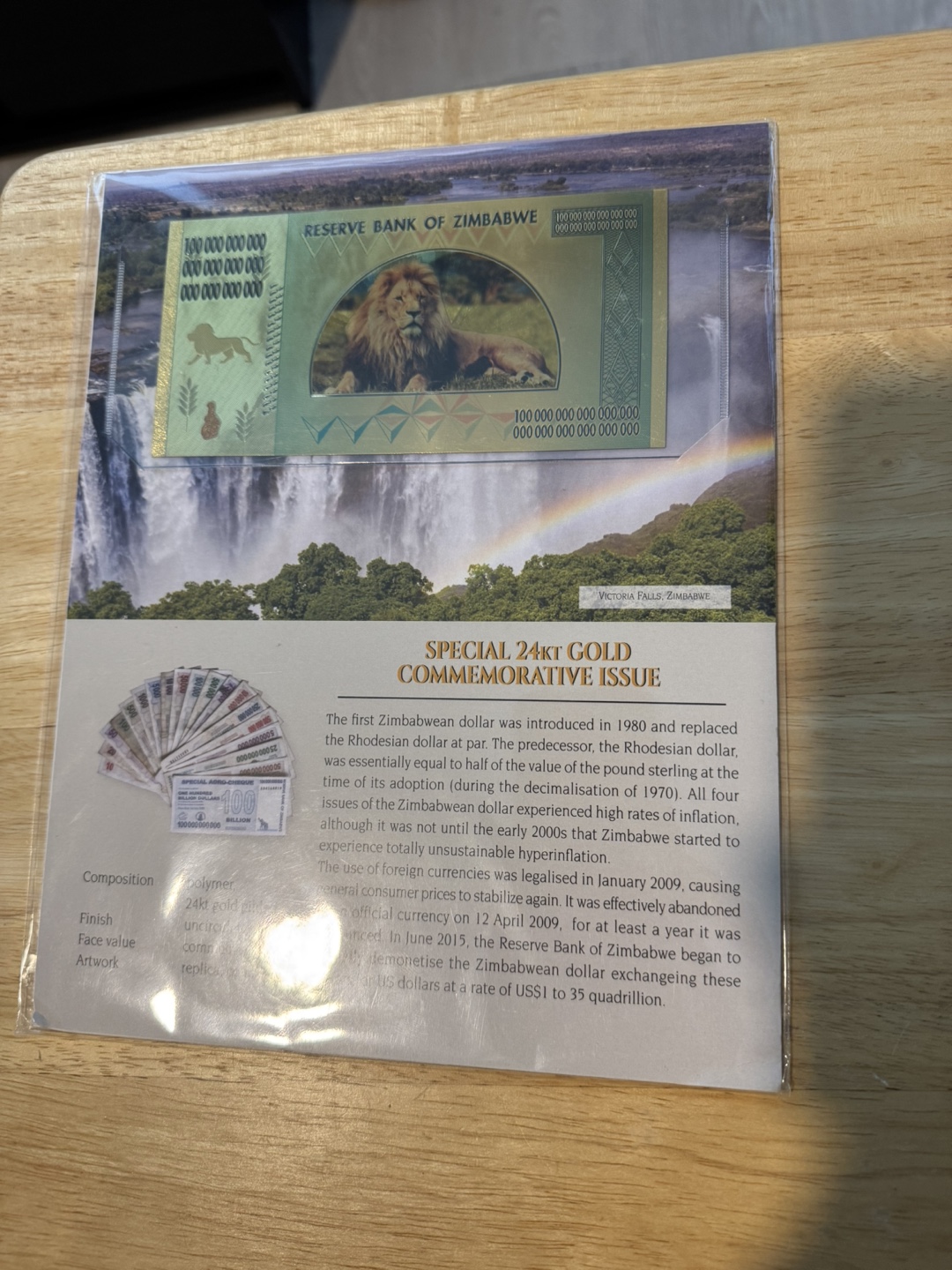 Zimbabwe 100 Trillion Dollar 24k Gold Commemorative Banknote