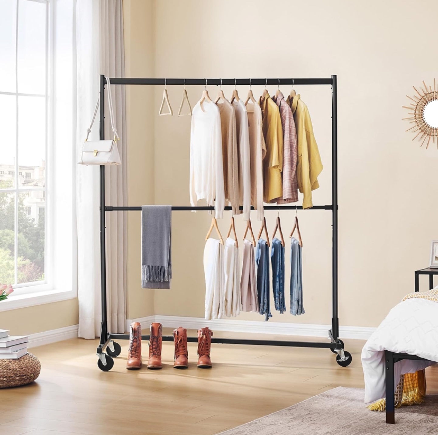 Heavy Duty Double Rod Clothes Rack with Wheels - New