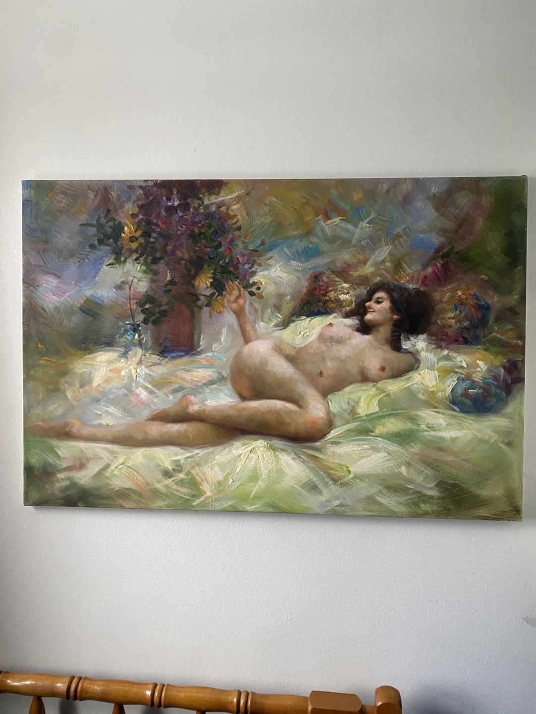 Original Oil Painting on Canvas - Reclining Nude with Flowers