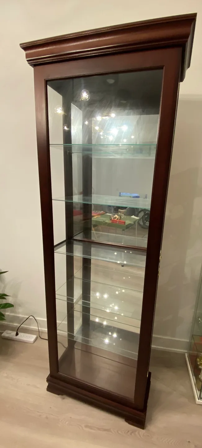 Wood frame Display Cabinet with Glass Shelves w Lighting image indicator(4)