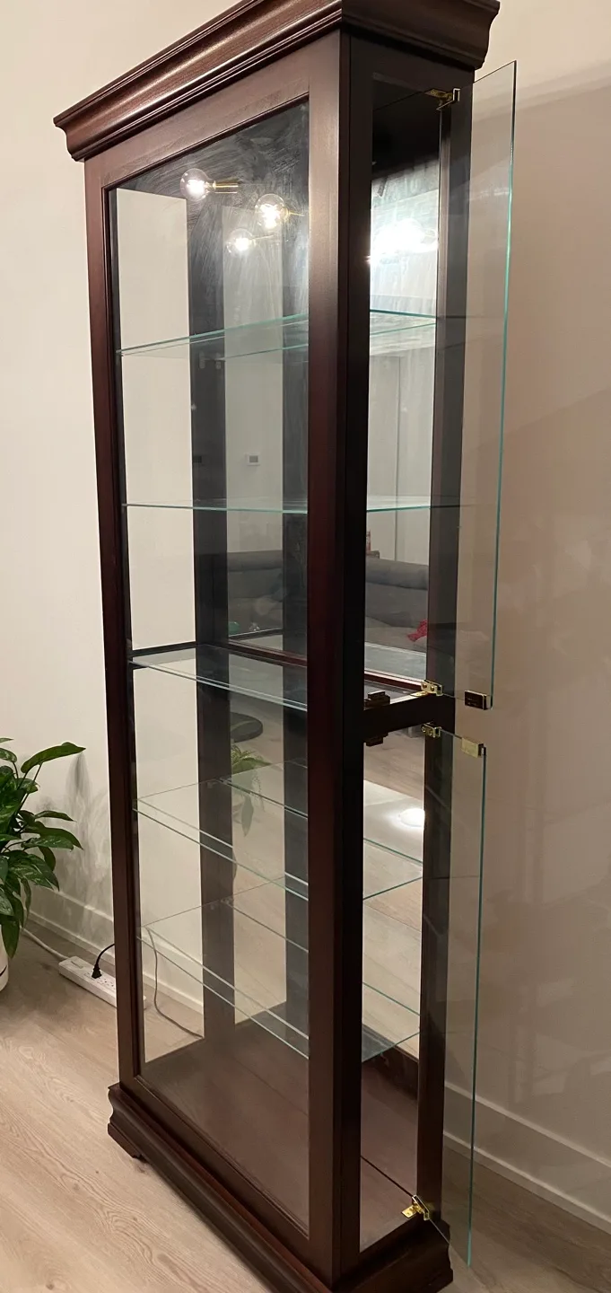 Wood frame Display Cabinet with Glass Shelves w Lighting image indicator(3)