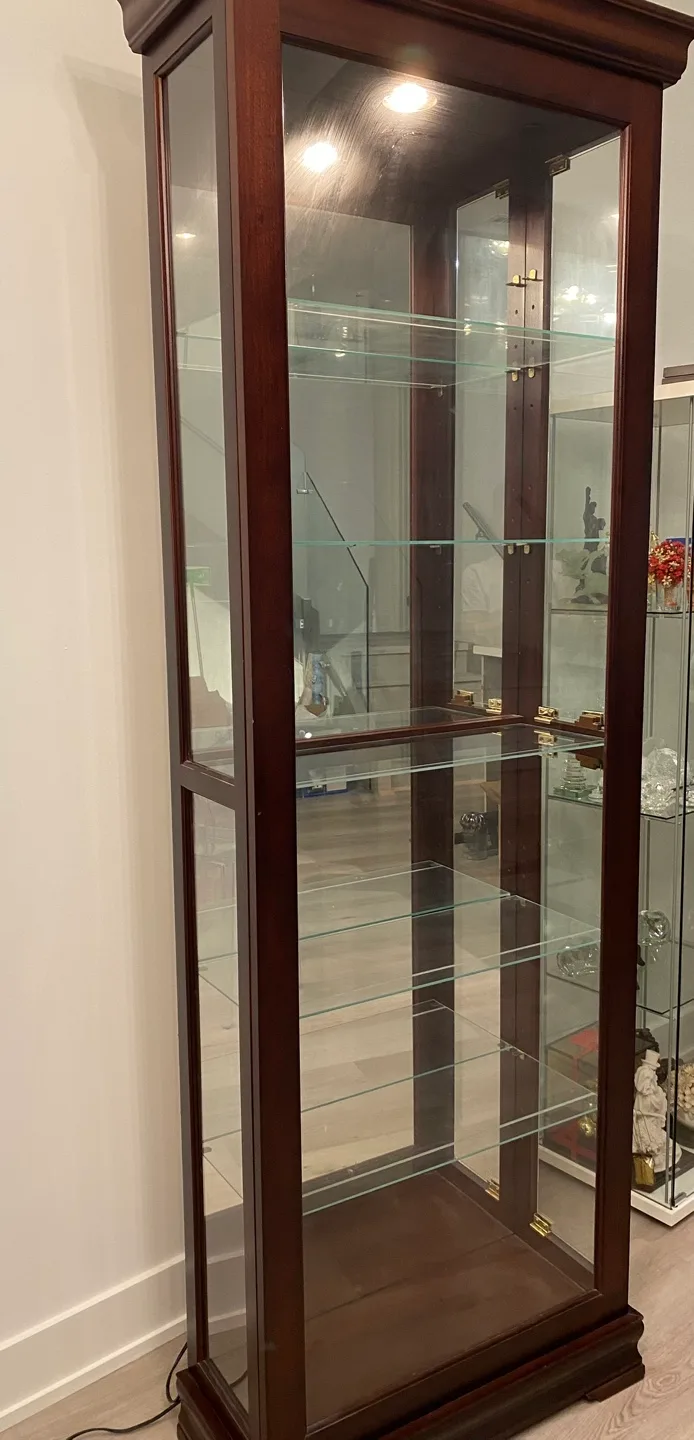 Wood frame Display Cabinet with Glass Shelves w Lighting image indicator(2)