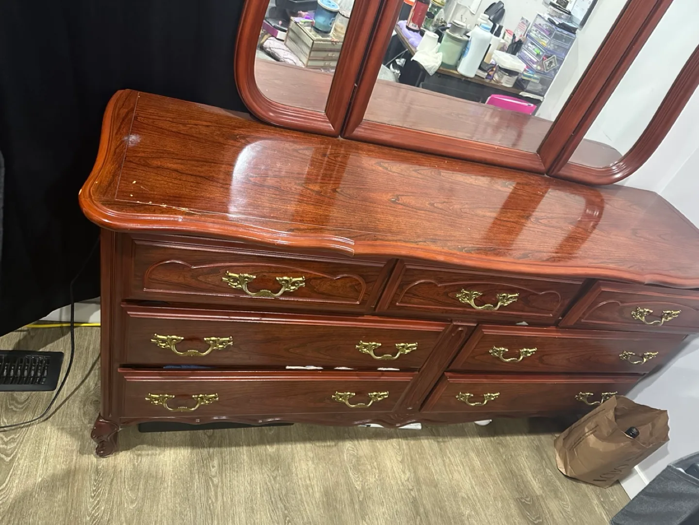 Vintage Wooden Dresser with Tri-fold Mirror image indicator(4)