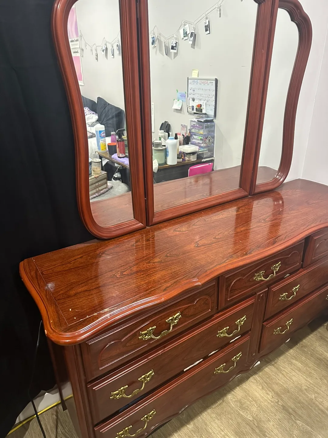 Vintage Wooden Dresser with Tri-fold Mirror image indicator(3)