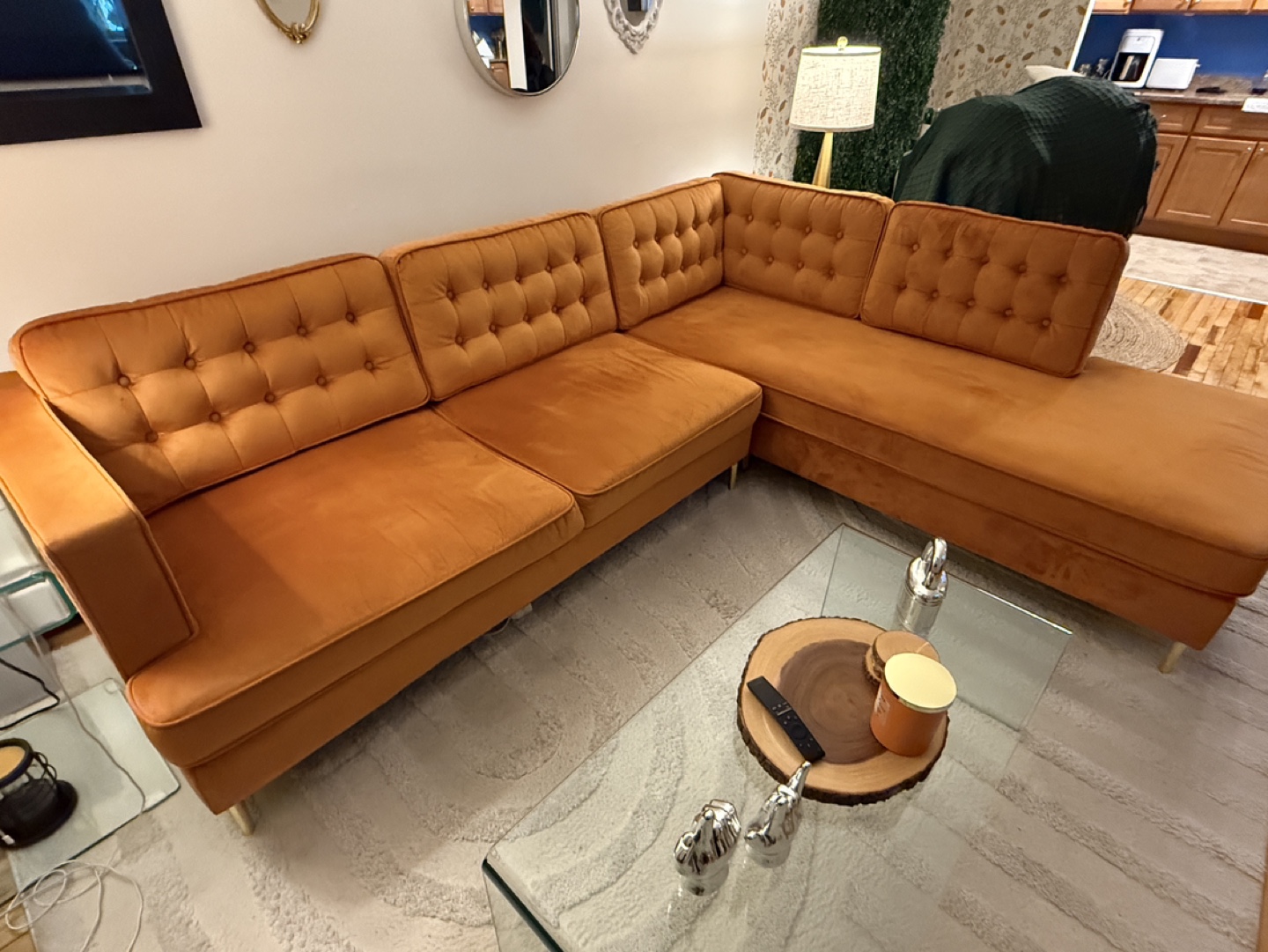 Burnt Orange  Velvet L-Shaped Sectional Sofa