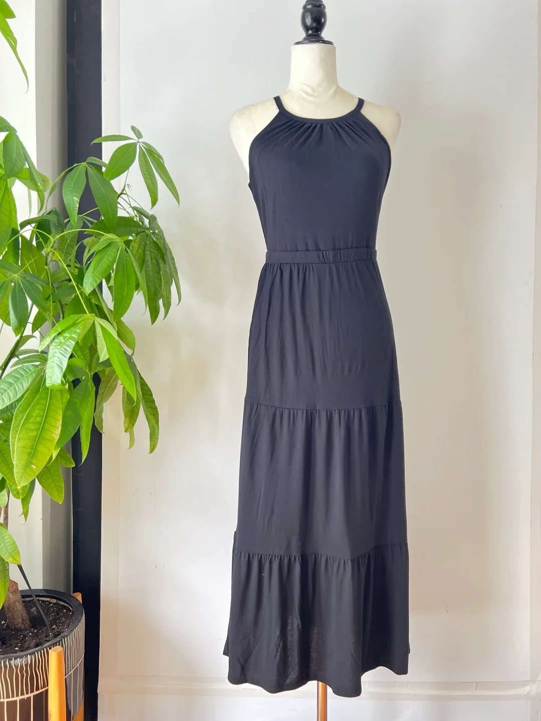 Black tiered midi halter dress thumbnail