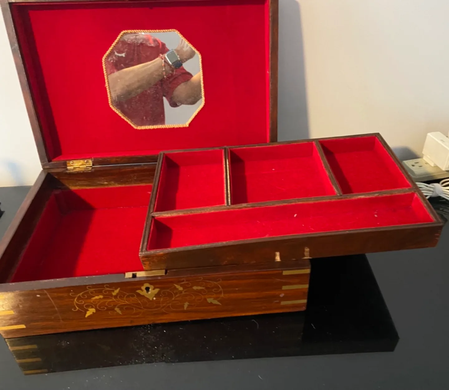 Vintage Wooden Jewellery Box with Brass Inlay image indicator(4)