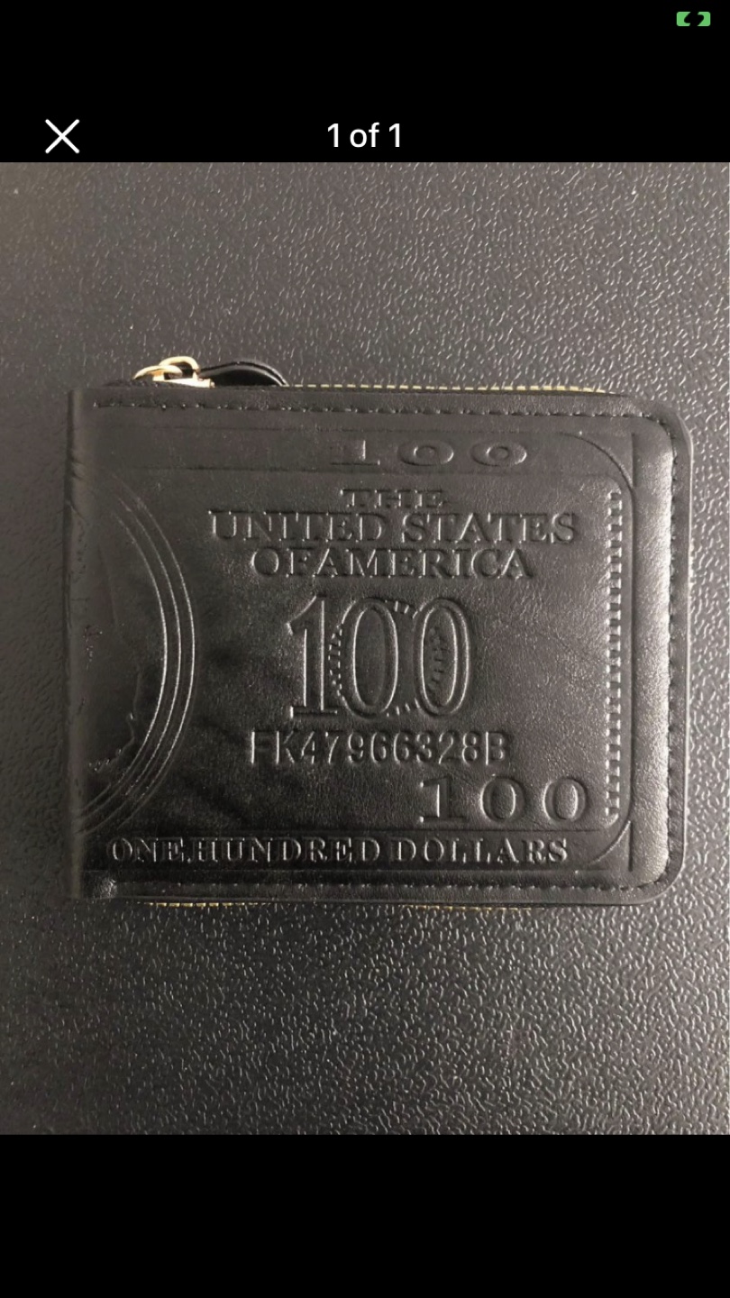Black Leather $100 Bill Design Zip Wallet