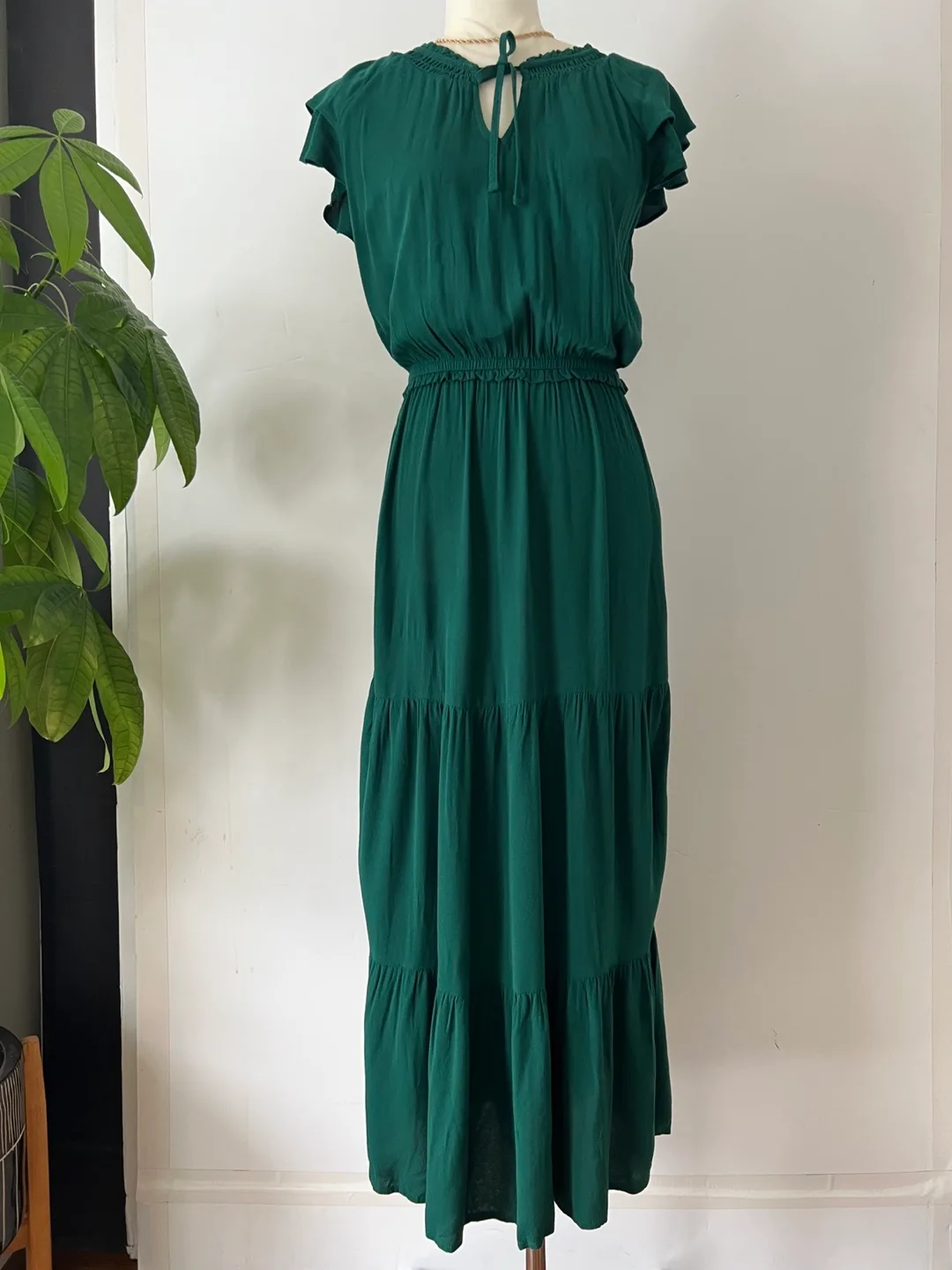 Dark Green Midi Dress with Tiered Skirt thumbnail