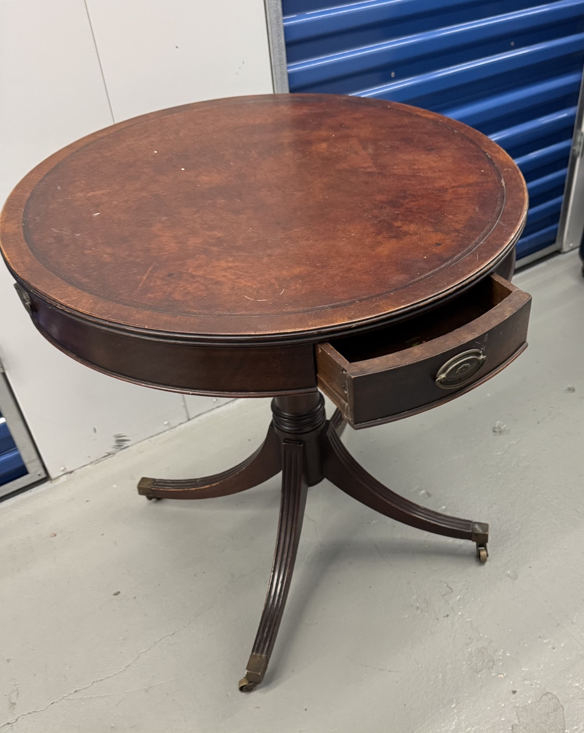 Vintage Round Leather Top Side Table with Drawer