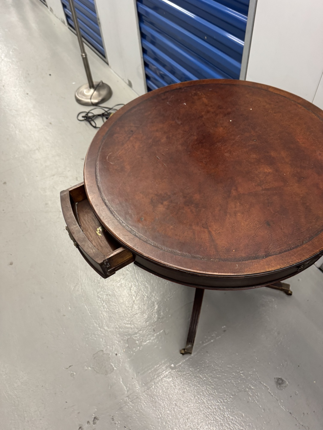 Vintage Round Leather Top Side Table with Drawer - photo 3