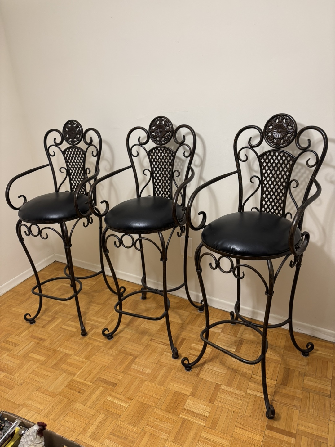 Set of Three Ornate Iron Bar Stools
