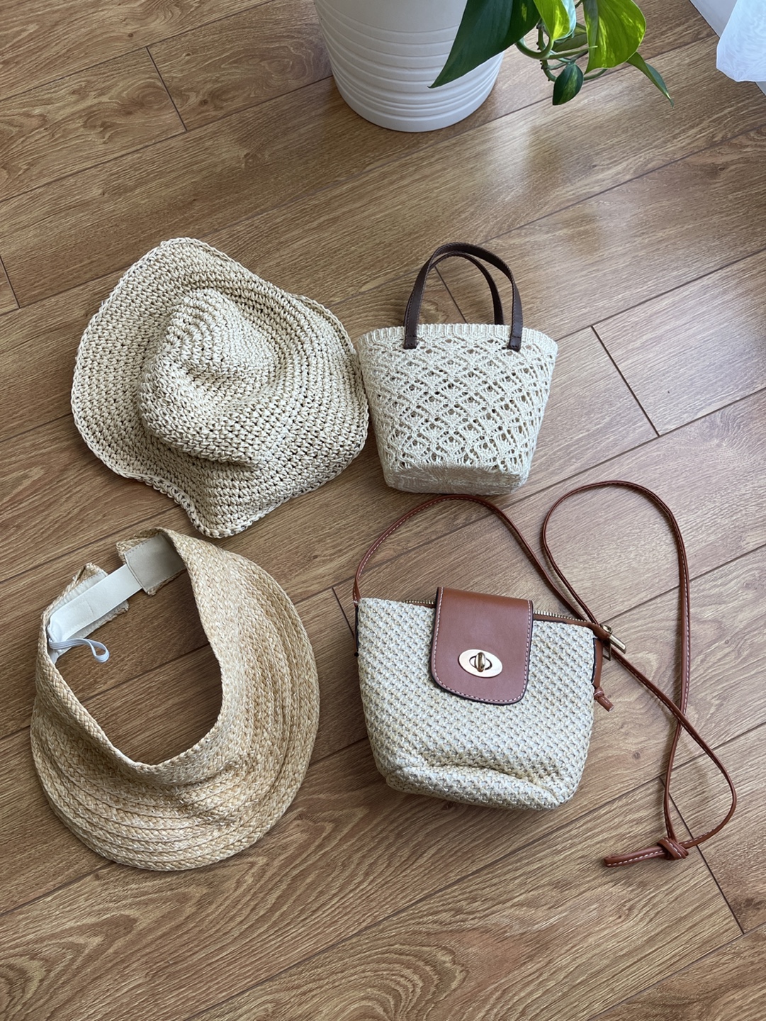 Straw Sun Hat, Visor, Mini Bag & Tote Set