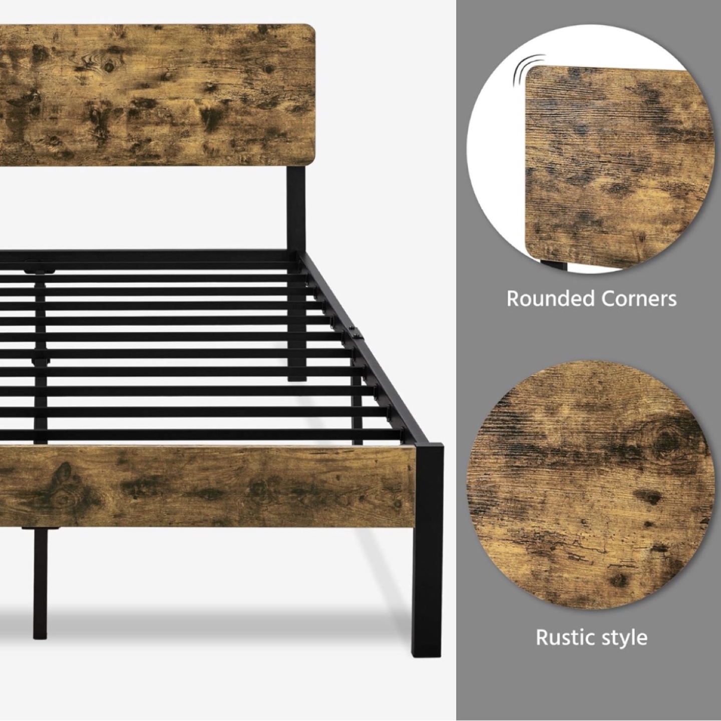 Queen Size Metal Bed Frame with Rustic Wood Headboard - photo 3