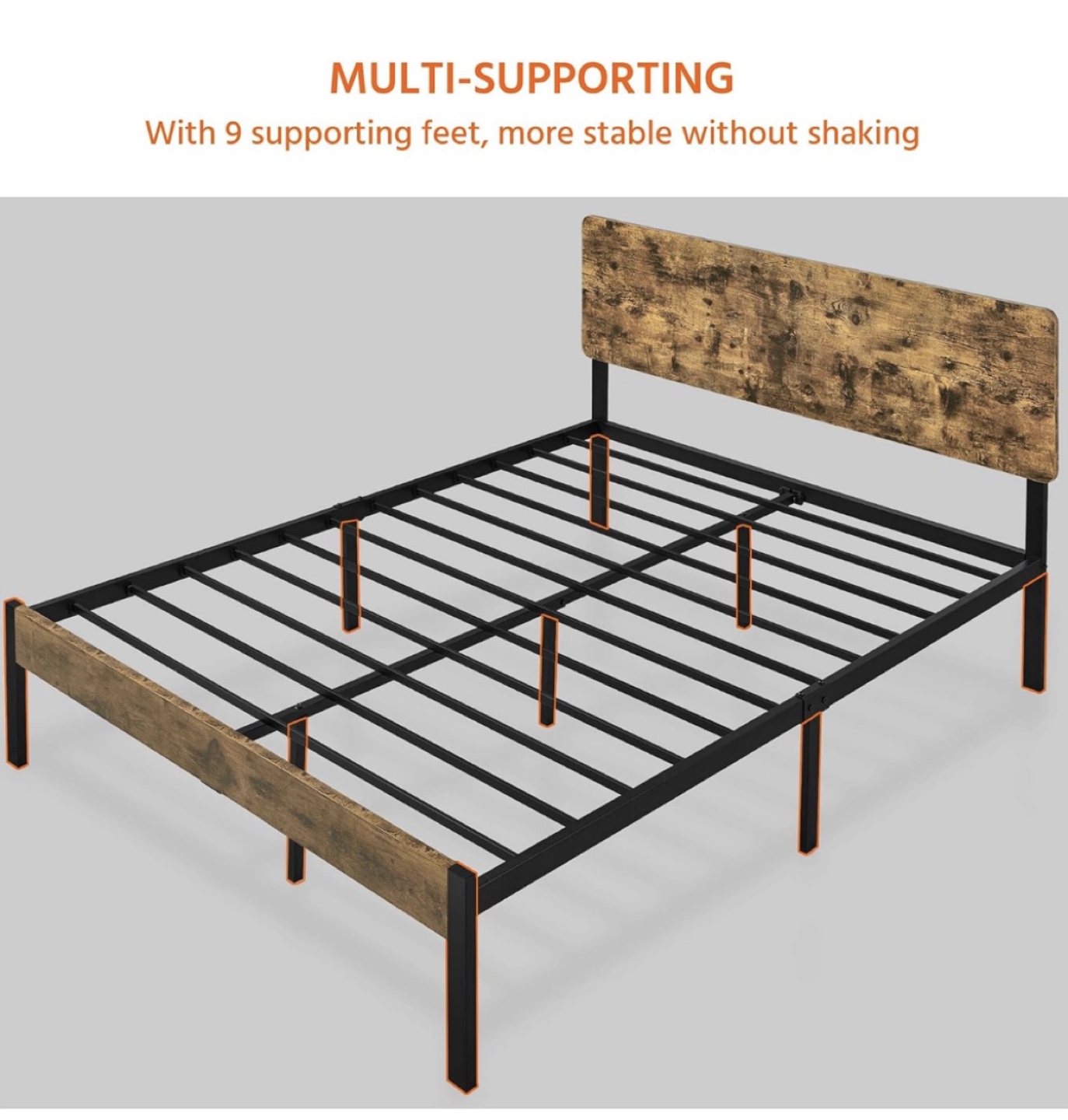 Queen Size Metal Bed Frame with Rustic Wood Headboard