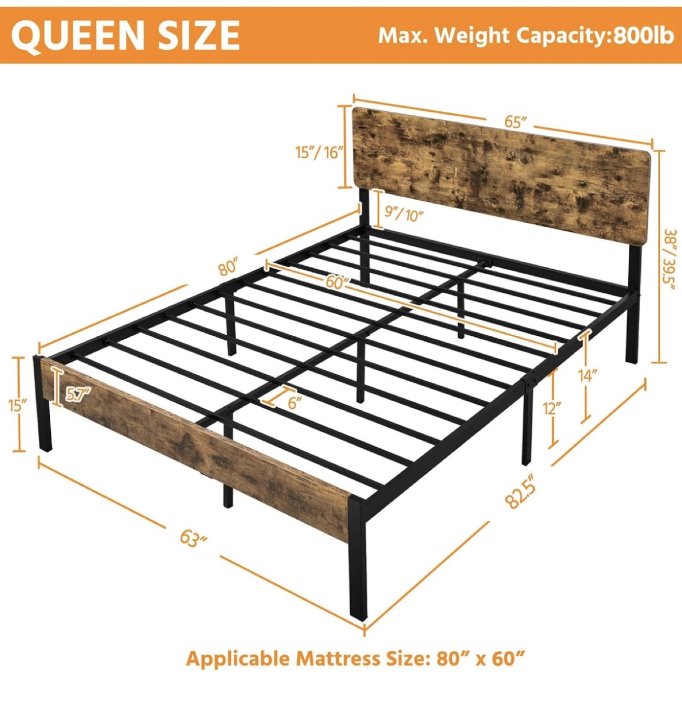 Queen Size Metal Bed Frame with Rustic Wood Headboard - photo 2