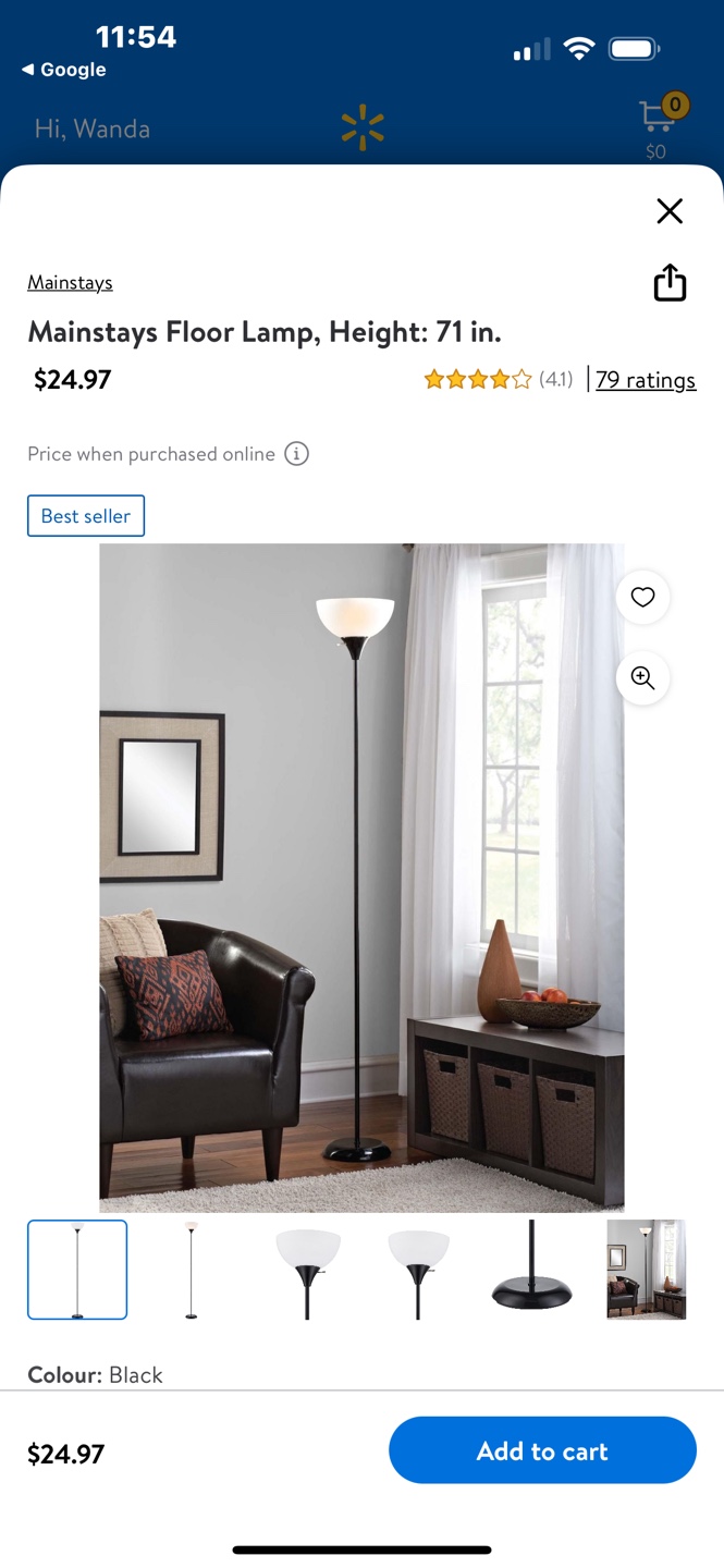 Mainstays 71 inch Black Floor Lamp