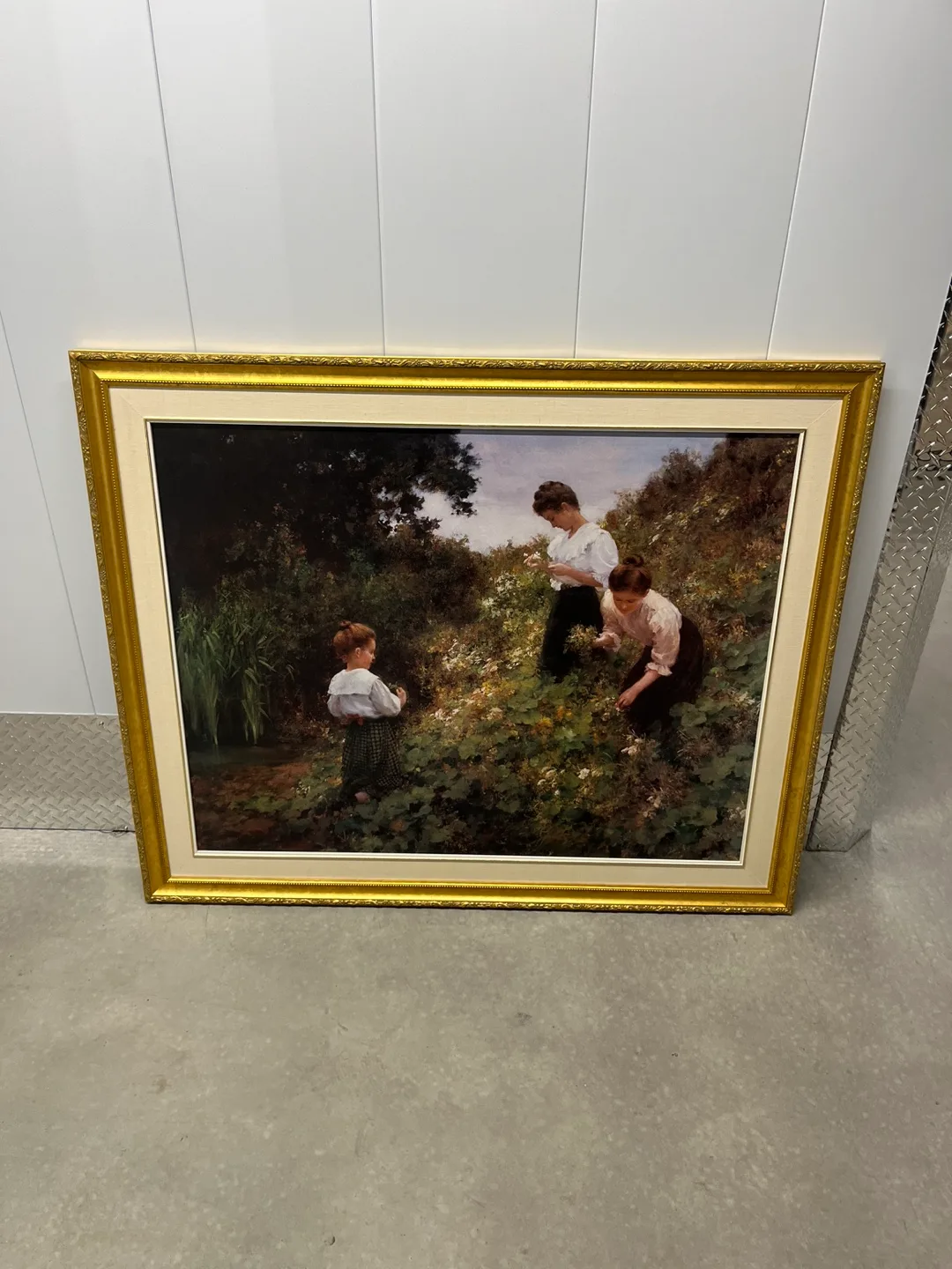 Framed Vintage Print of Women and Child Picking Flowers image indicator(2)