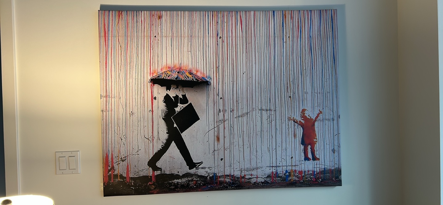 Banksy-inspired art print on canvas, colorful rain street scene