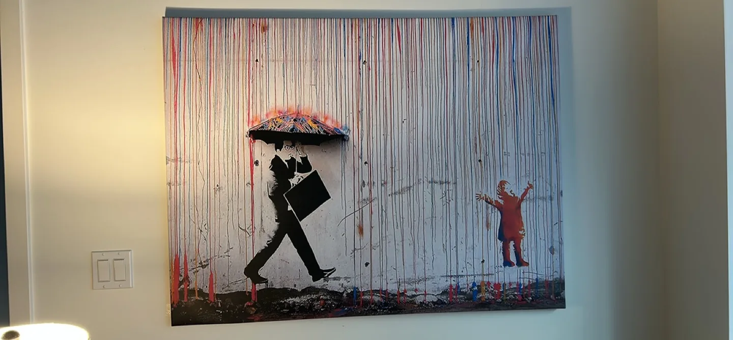 Banksy-inspired art print on canvas, colorful rain street scene thumbnail