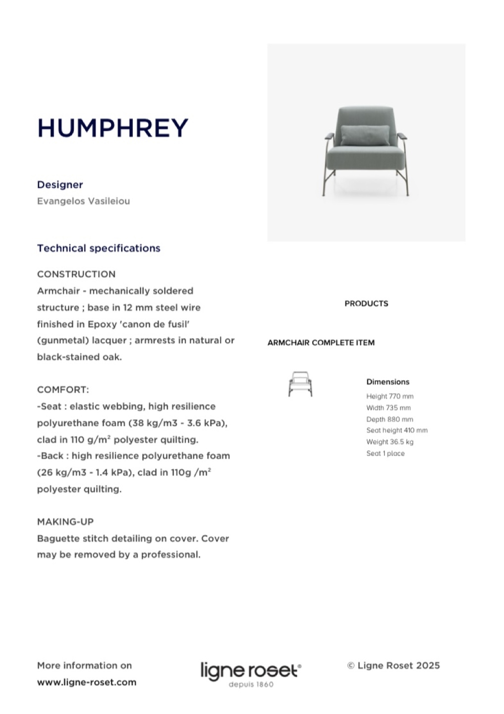 Ligne Roset Humphrey Armchair - Blue Velvet - photo 5