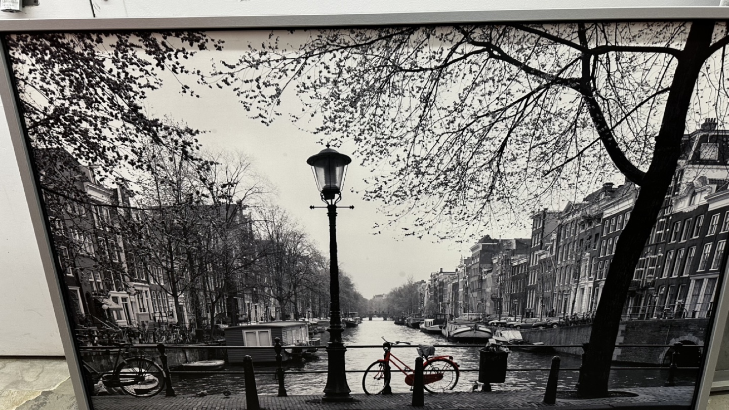 Framed Black and White Canal Scene Print