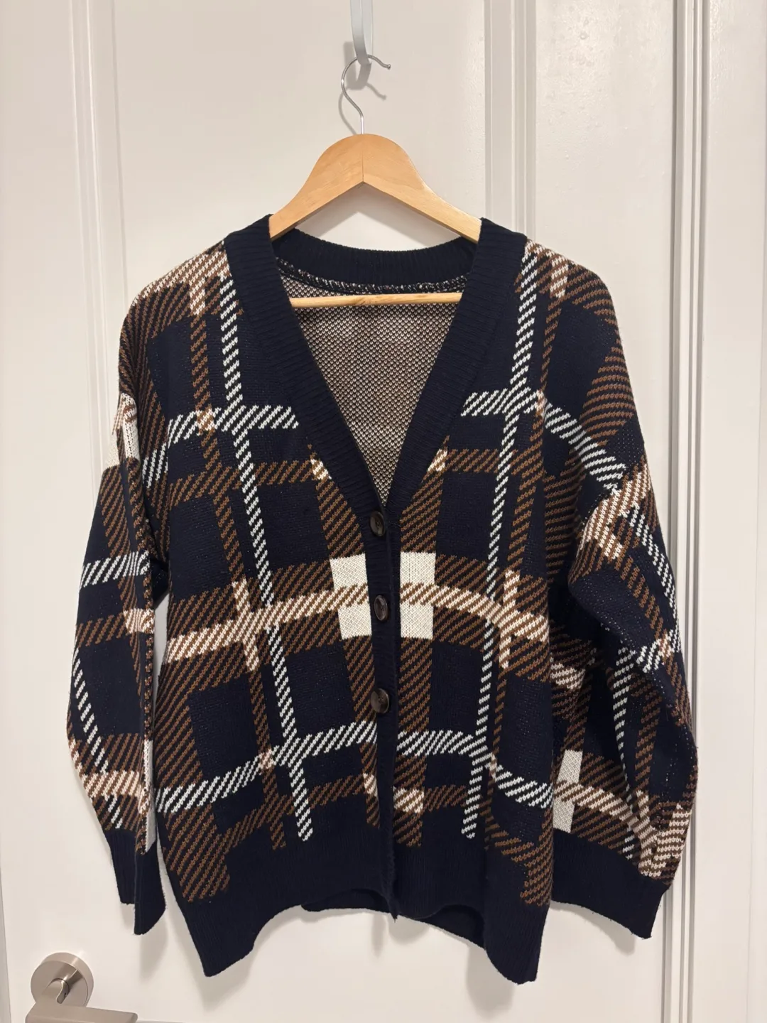 Korean Brown and White Plaid Knit Cardigan thumbnail