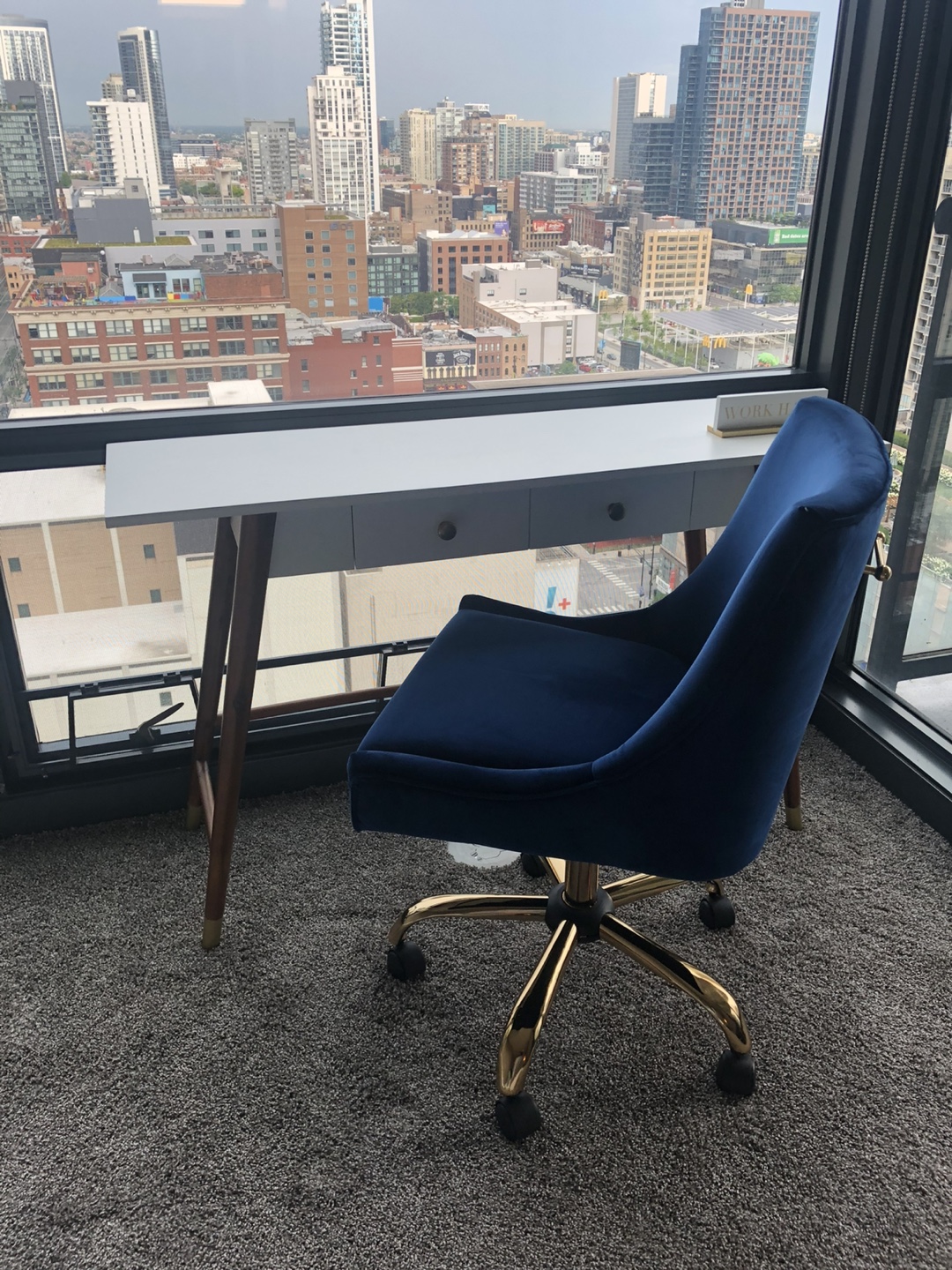 Navy Blue Velvet Office Chair with Gold Base - photo 2