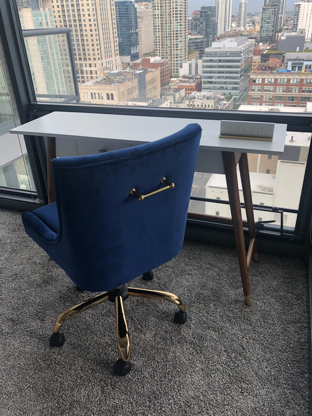 Navy Blue Velvet Office Chair with Gold Base - photo 3