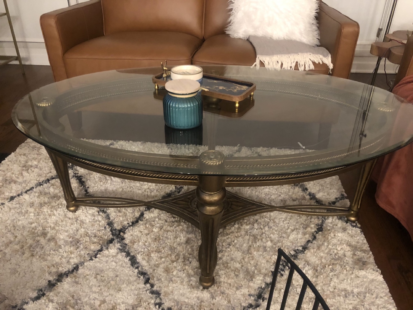 Oval Glass Top Coffee Table - Gold Metal Frame