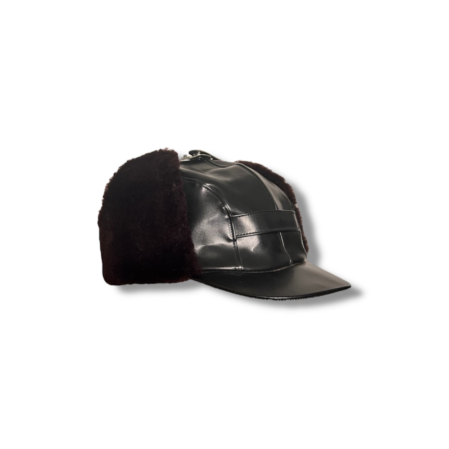 Black Faux Leather Trapper Hat with Faux Fur