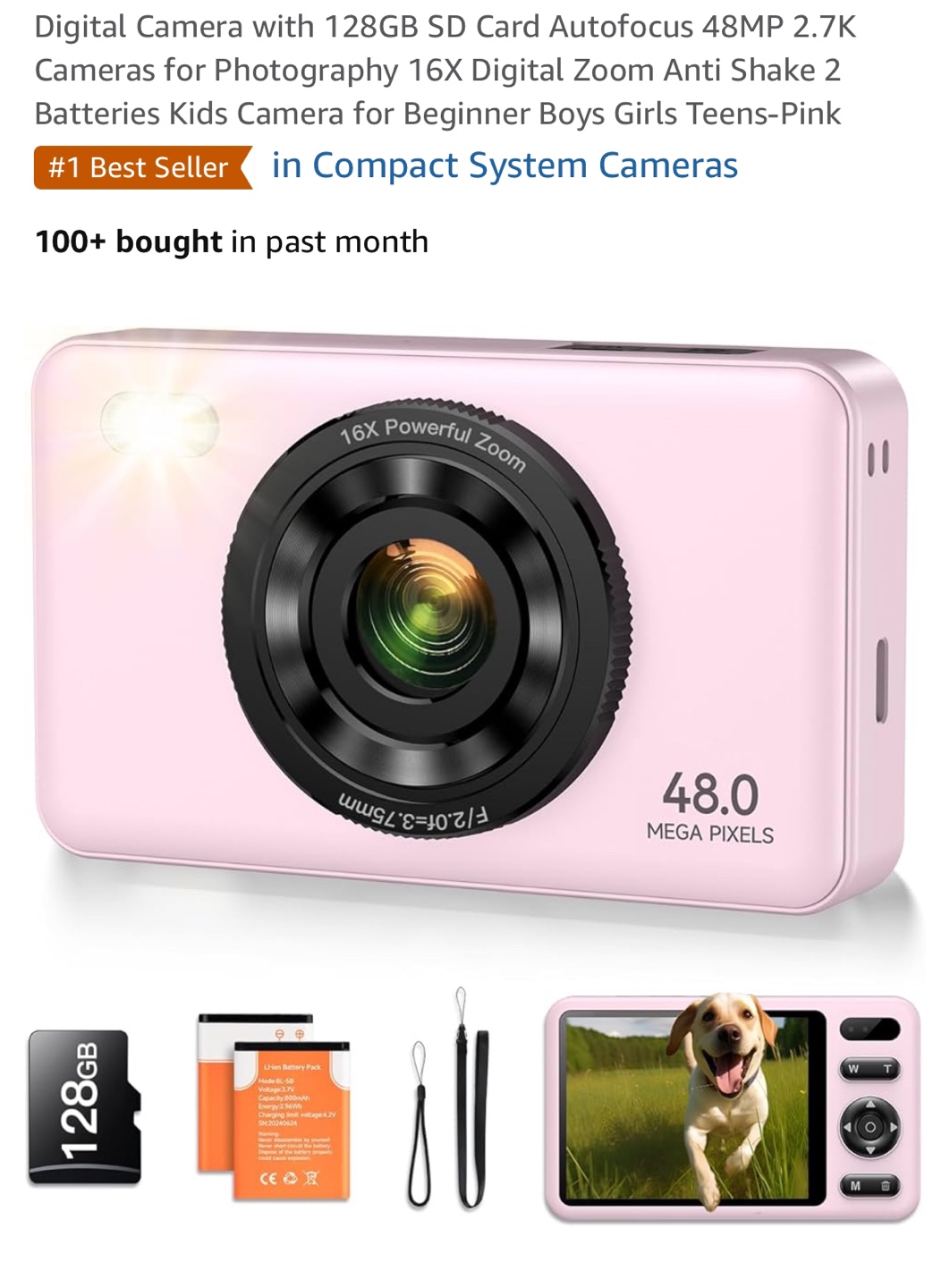 Pink Kids Digital Camera 48MP 2.7K Video 16X Zoom