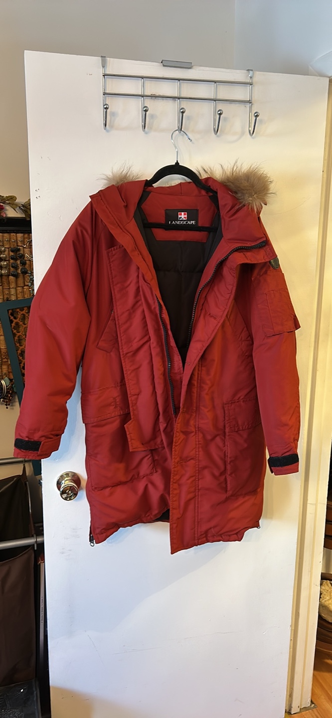 Lands' End Red Winter Parka with Fur Trimmed Hood