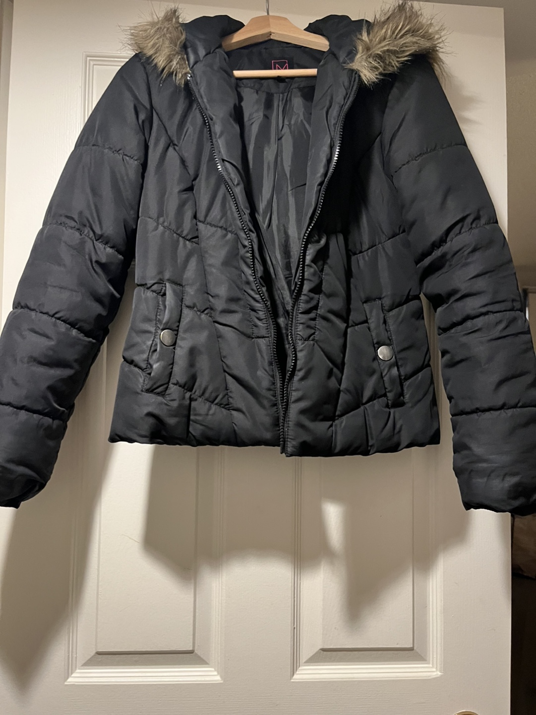 Material Girl Black Jacket with Fur Hood - Size Medium