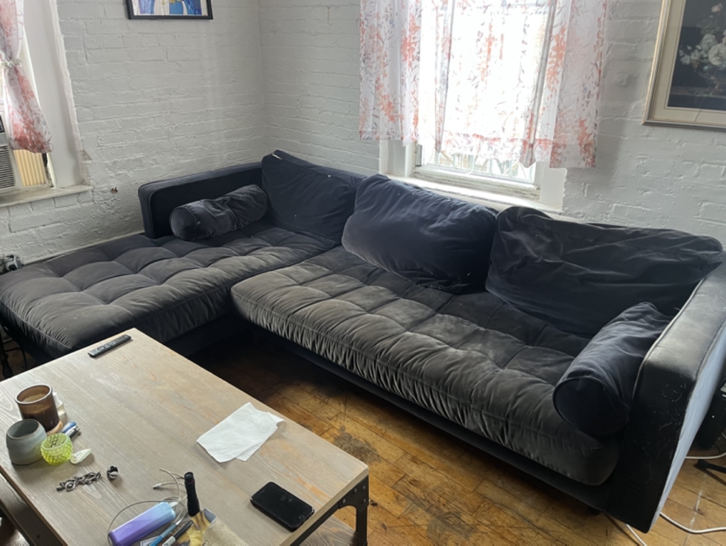 Dark Gray Velvet L-Shaped Sectional Sofa