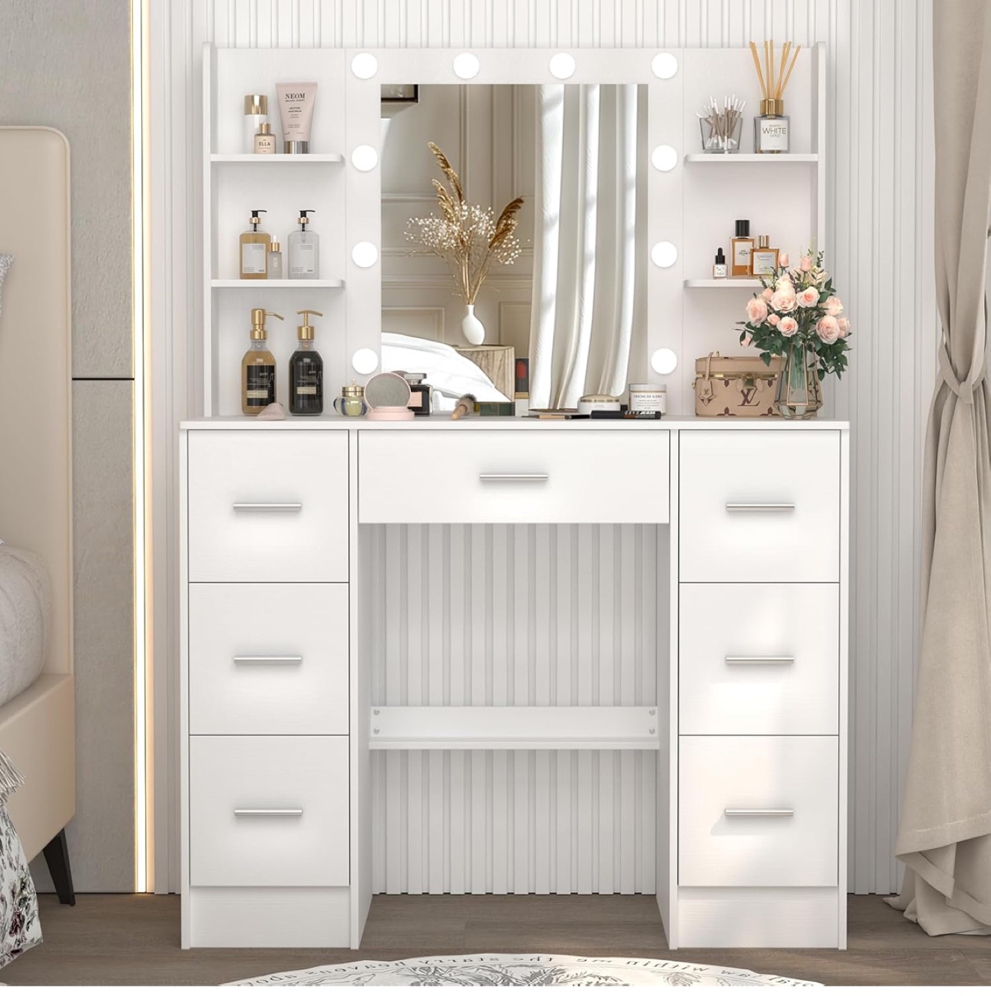 White Vanity Set with Mirror and Drawers