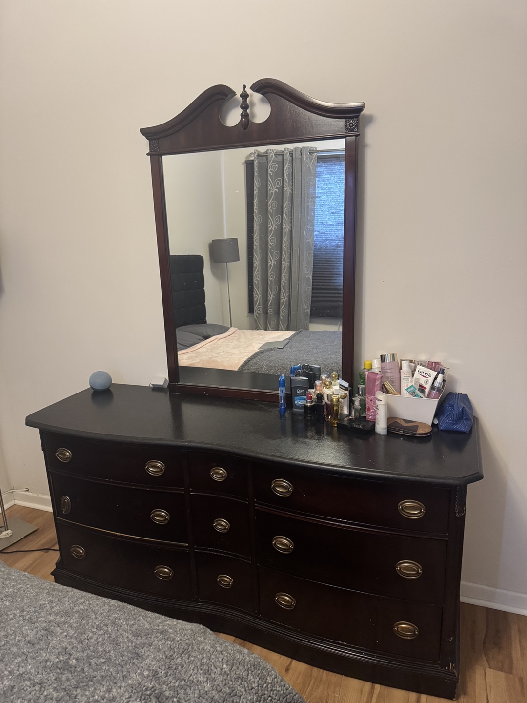 Dark Wood Vanity with Mirror