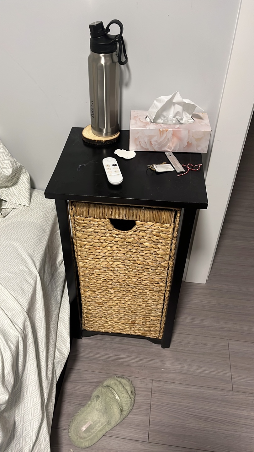 Black Side Table with Woven Basket