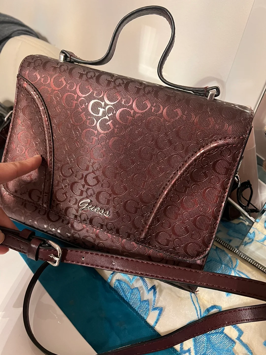 Burgundy Guess satchel handbag thumbnail