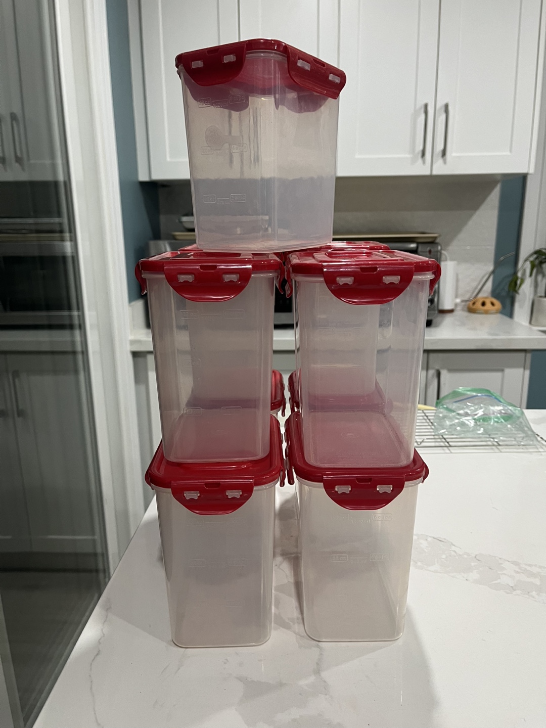 Nine Clear Plastic Food Storage Containers with Red Lids - photo 3