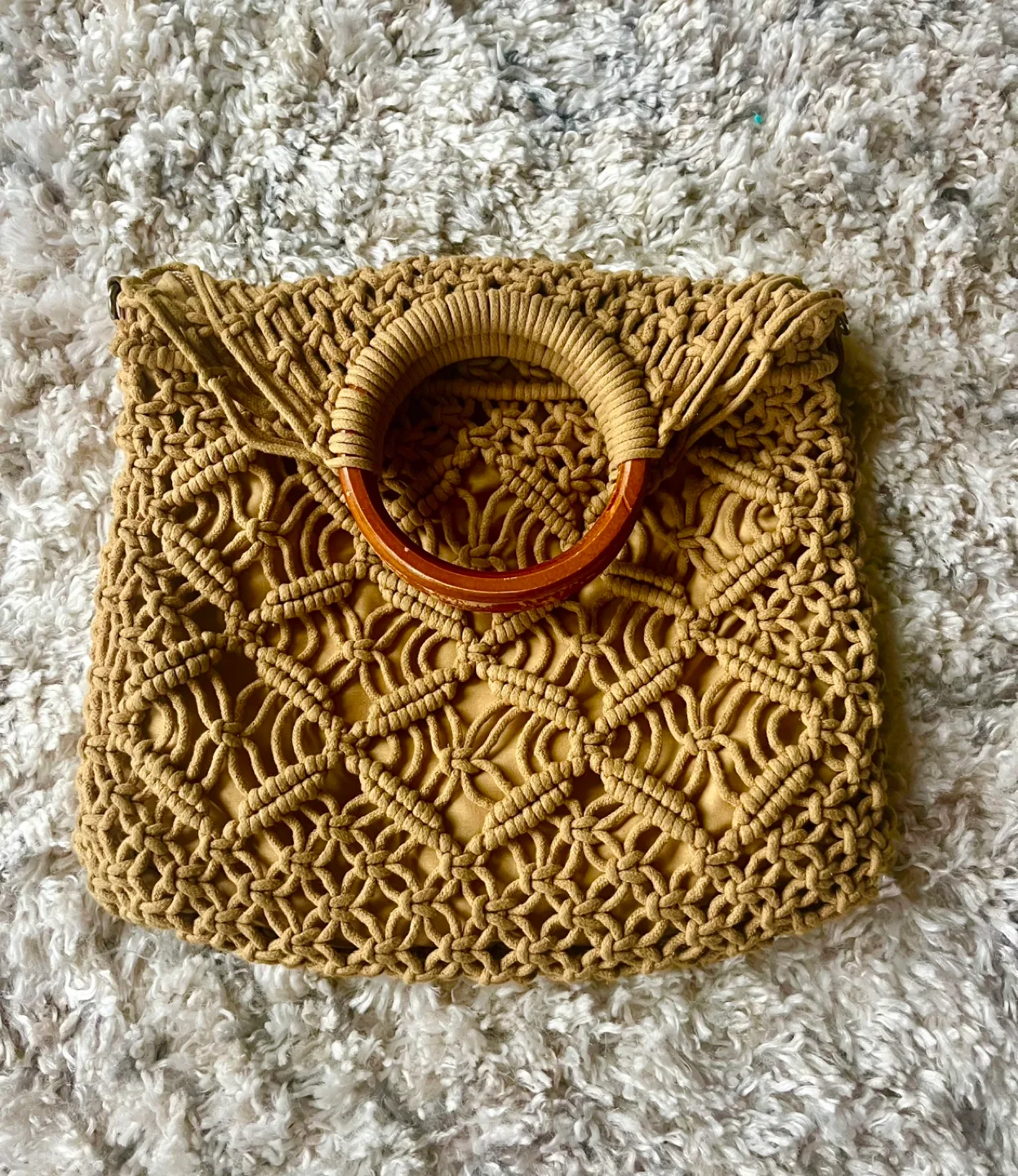Free People Tan Macrame Handbag with Wooden Handle image indicator(3)
