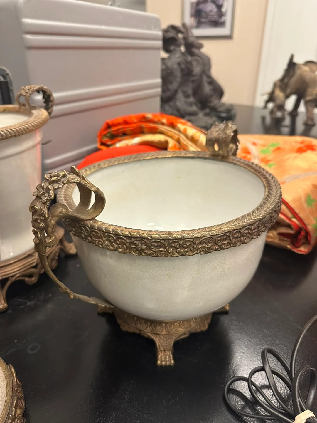 Antique Porcelain Urn Set with Brass Accents thumbnail