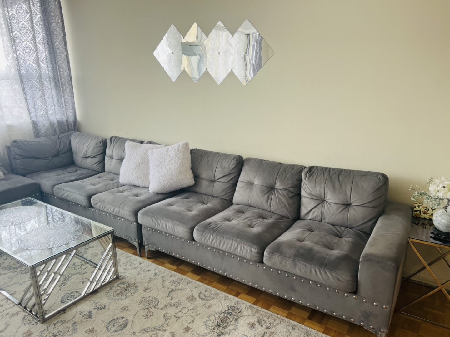 Grey Velvet Sectional Sofa with Metal Studs