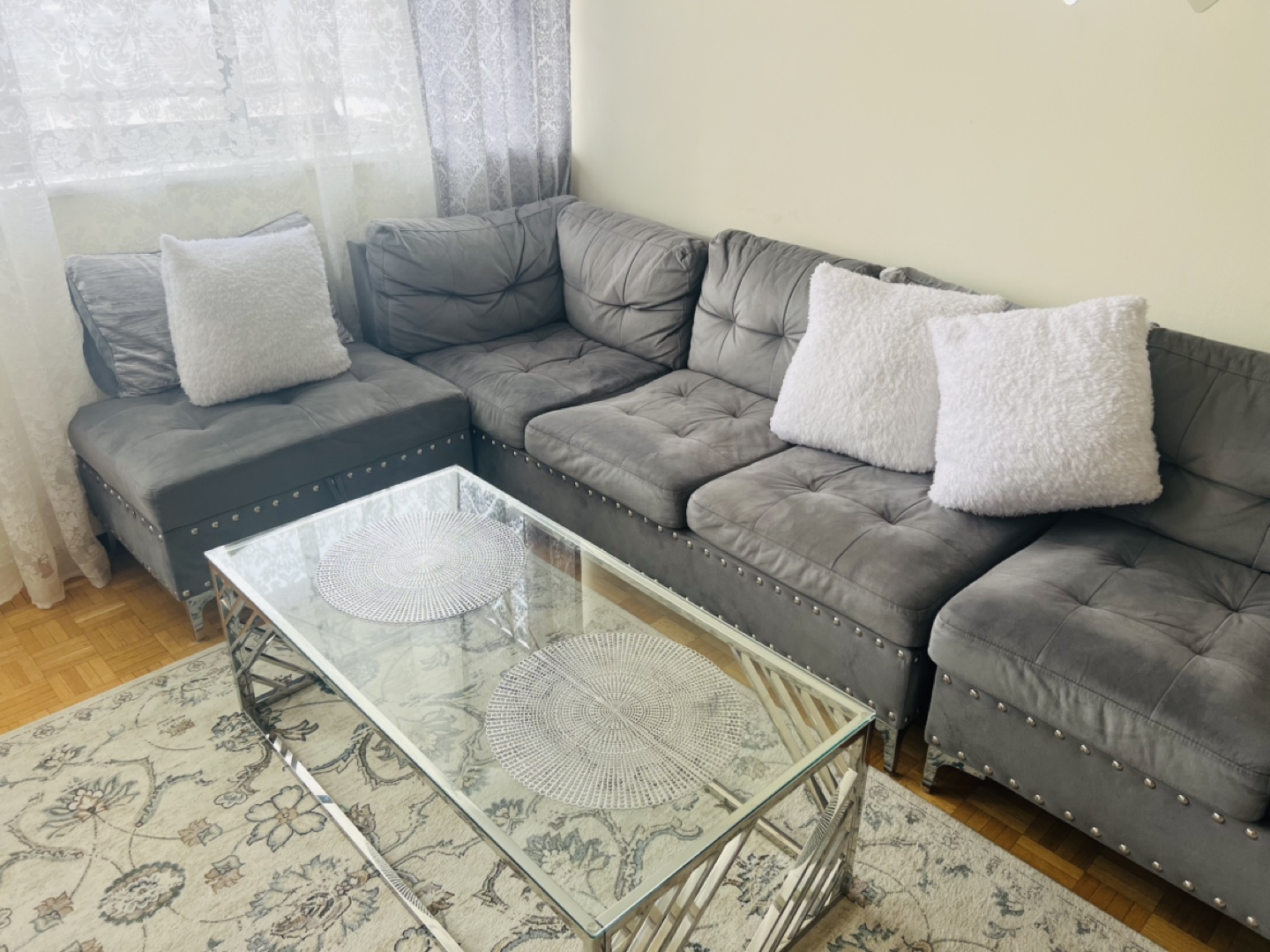 Grey Velvet Sectional Sofa with Metal Studs - photo 3