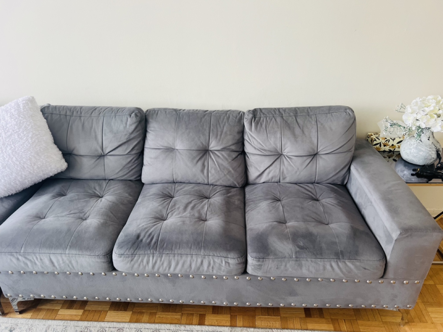 Grey Velvet Sectional Sofa with Metal Studs - photo 4