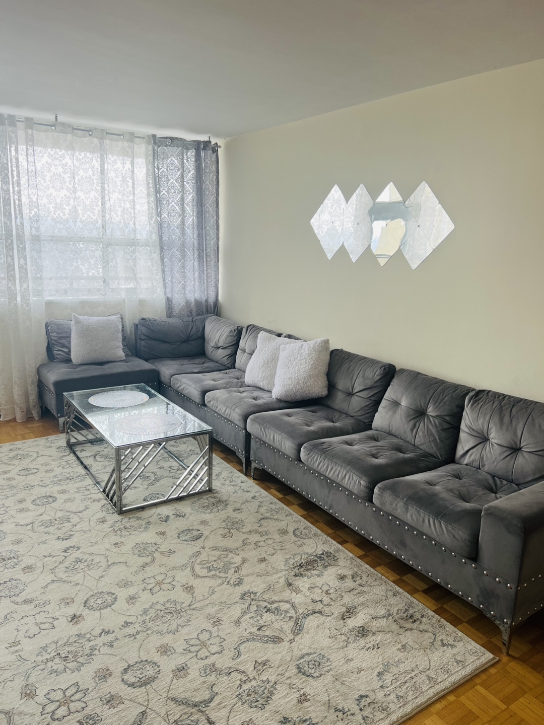 Grey Velvet Sectional Sofa with Metal Studs - photo 2