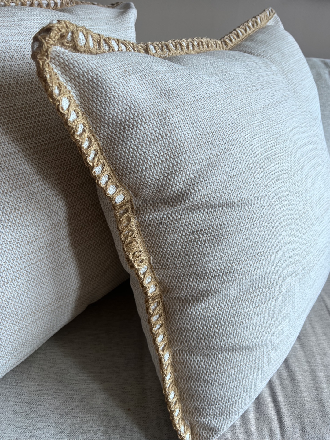 Pair of Beige Square Throw Pillows with Jute Trim - photo 2