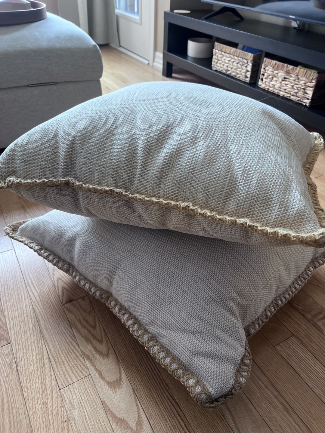 Pair of Beige Square Throw Pillows with Jute Trim - photo 3