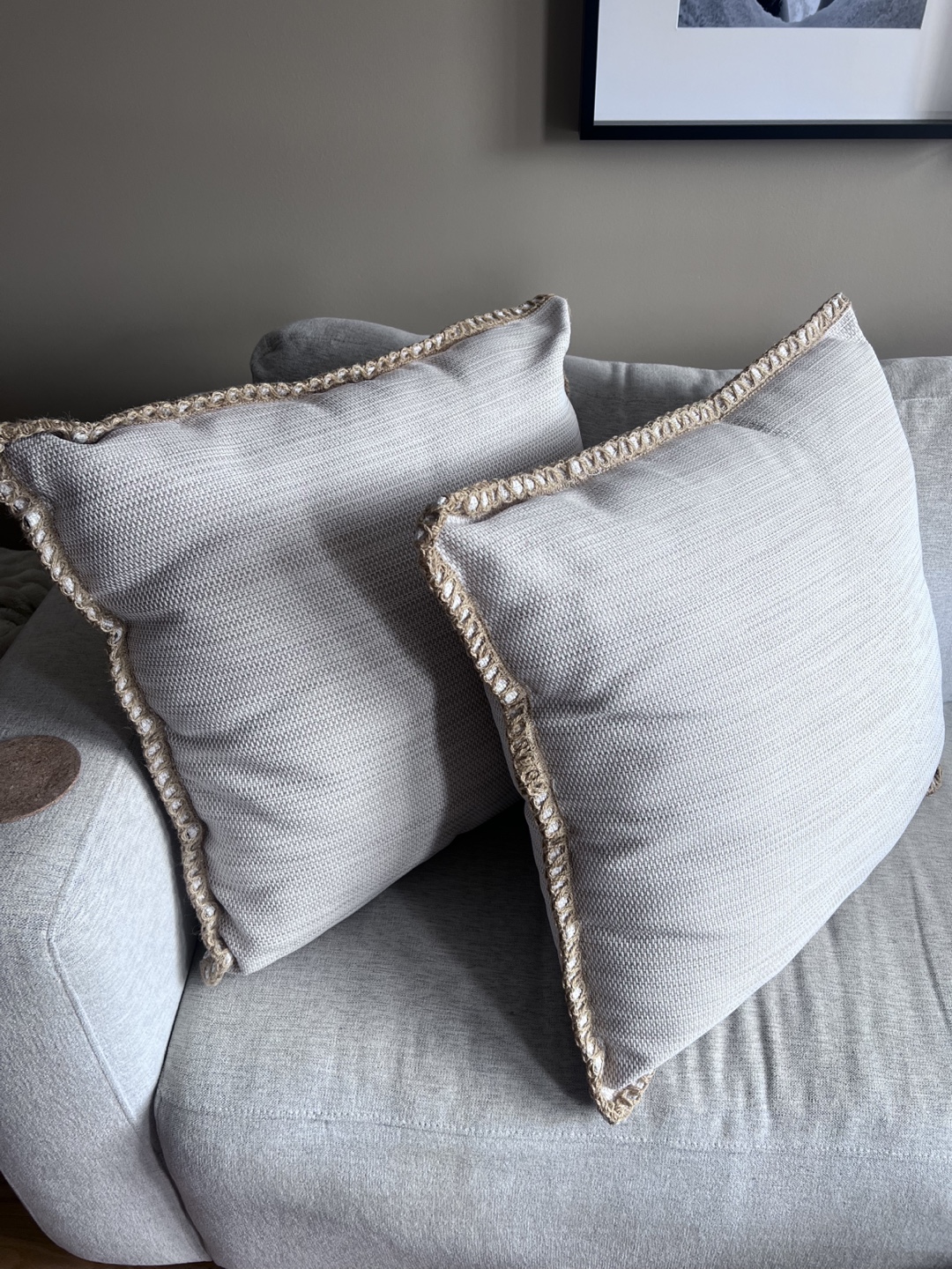 Pair of Beige Square Throw Pillows with Jute Trim