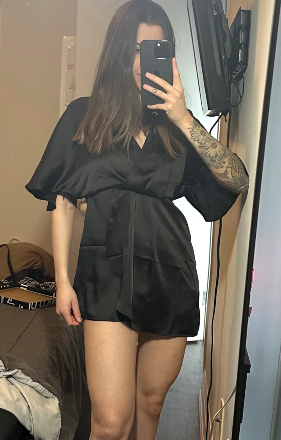 Black Satin Mini Wrap Dress image indicator(2)